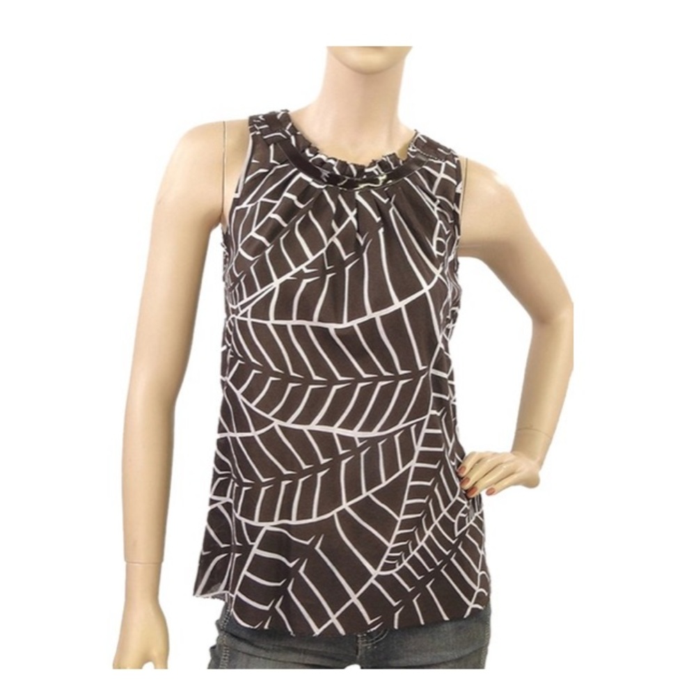 Tory Burch - Lightweight Sleeveless Blouse, Brown/White Leaf Print, Grosgrain